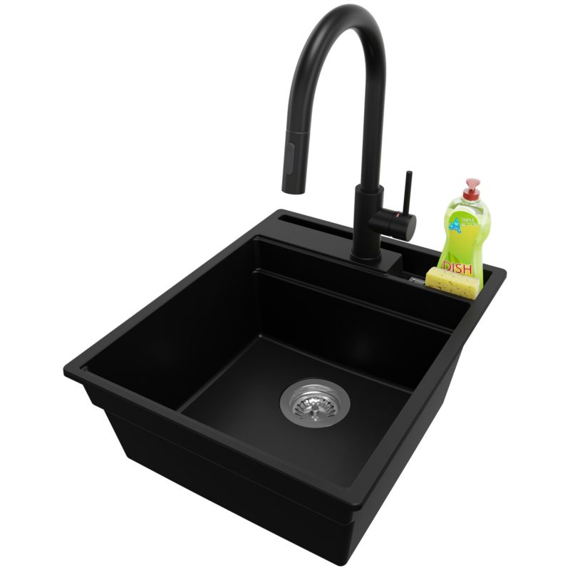 Zlewozmywak Granitowy Oslo Pocket PRIMAGRAN Nablatowy 43x53cm do szafki od 45cm z Syfonem i Baterią Czarny 1 szt.