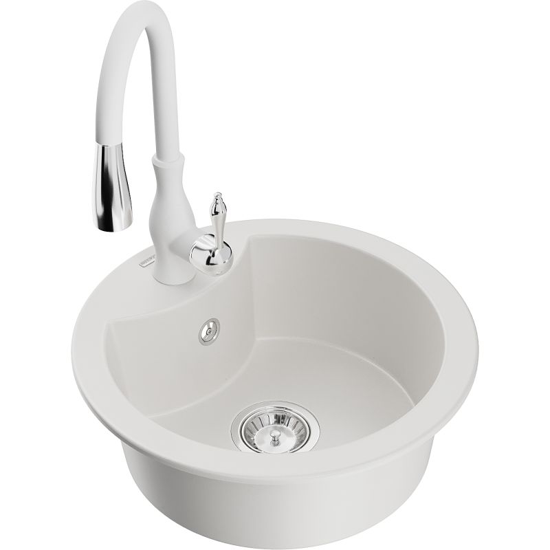 Zlewozmywak granitowy 1-komorowy Mexen Diego z baterią kuchenną Savita biały 6512-20-672601-20