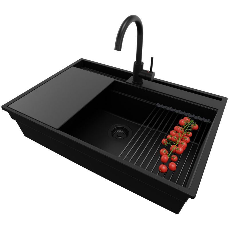 Zlewozmywak Granitowy Oslo Pocket PRIMAGRAN Nablatowy 78x53cm, Cały Czarny + Bateria + Syfon + Akcesorium, S418, 1 szt.