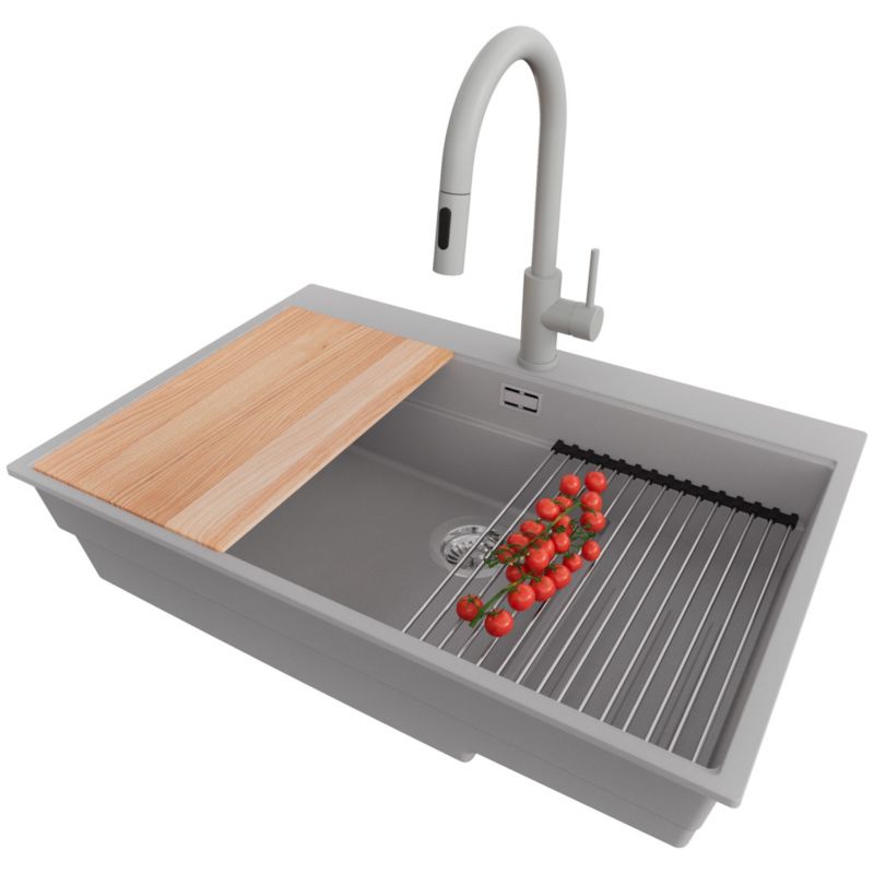 Zlewozmywak Granitowy Oslo Max PRIMAGRAN Nablatowy 78x53cm do szafki od 80cm, Szary + Bateria + Syfon + Akcesoria, S107, 1 szt.