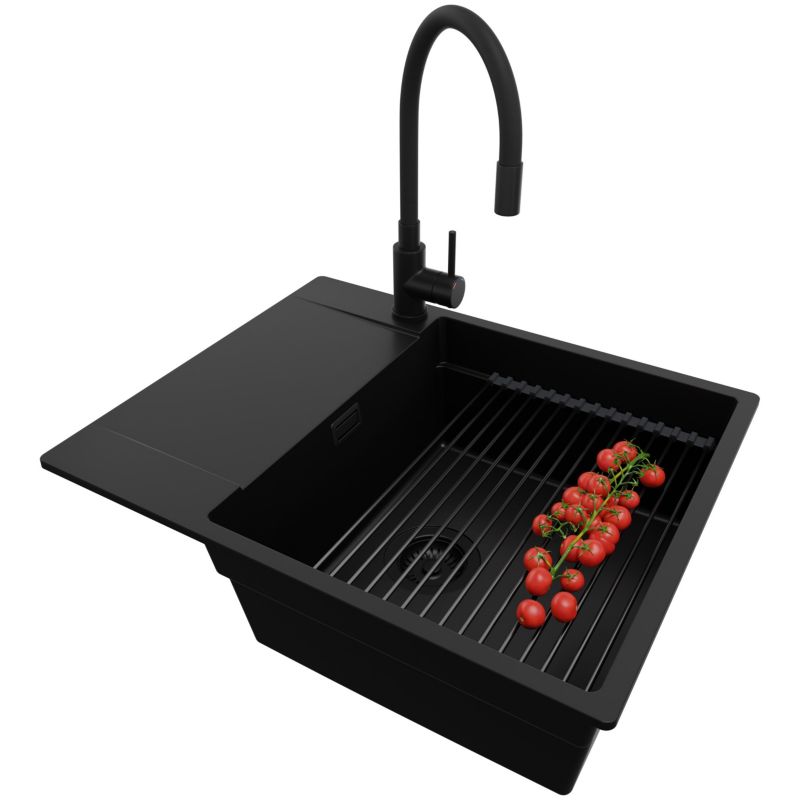 Zlewozmywak Granitowy San Francisco PRIMAGRAN Nablatowy 62x50cm, Cały Czarny + Bateria + Syfon + Akcesorium, S134, 1 szt.