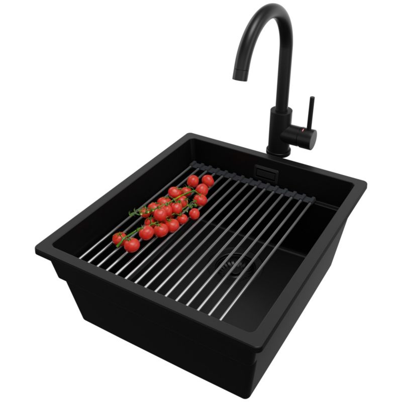 Zlewozmywak Granitowy Praga Slim PRIMAGRAN Nablatowy 41x47cm do szafki od 45cm z Syfonem i Baterią i Dodatkiem Cały Czarny 1 szt.