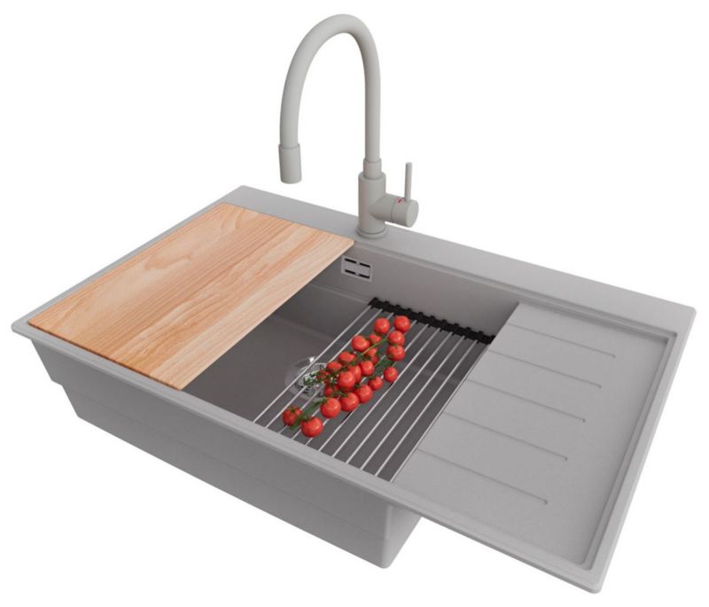 Zlewozmywak Granitowy Sydney PRIMAGRAN Nablatowy 78x50cm do szafki od 60cm, Szary + Bateria 38x14cm + Syfon + Akcesoria, , 1 szt.