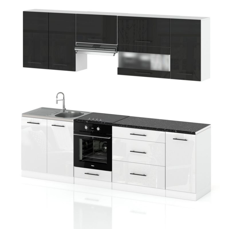 Zestaw Kuchenny Hurtownia-Mebli Z Blatem Kuchnia Marocco 260cm Biały Mat Czarny Połysk/Biały Połysk 260x52x157 cm 1szt.