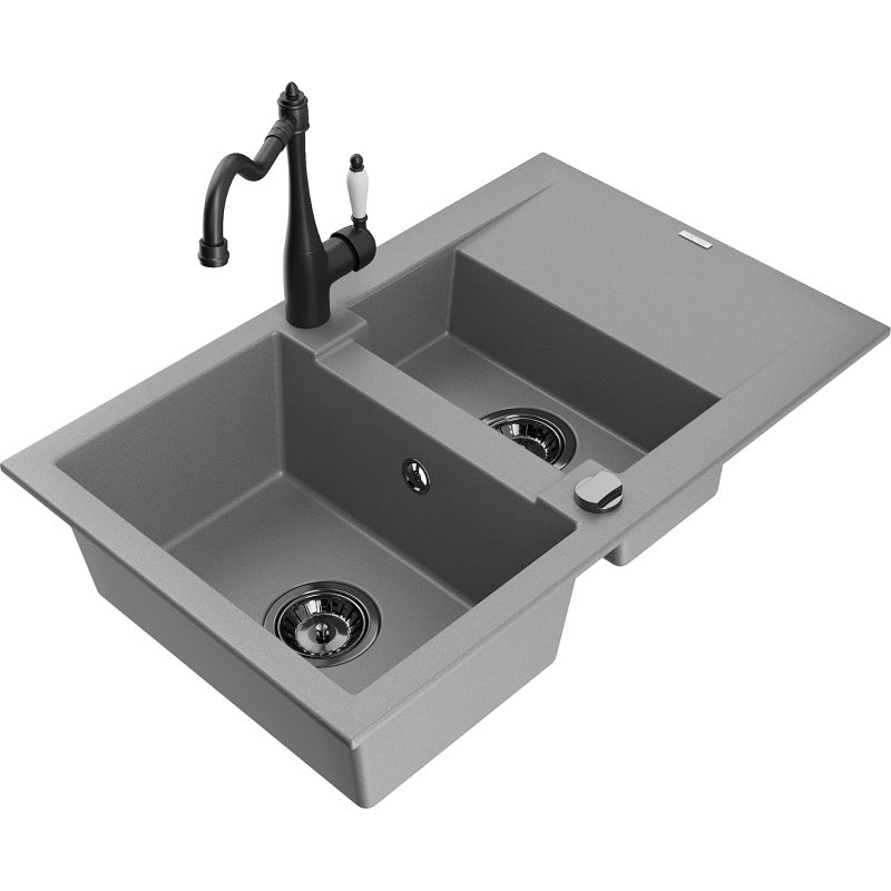 Zlewozmywak granitowy 1.5-komorowy Mexen Gaspar z ociekaczem i baterią kuchenną Carla szary 6507-71-670700-70-B