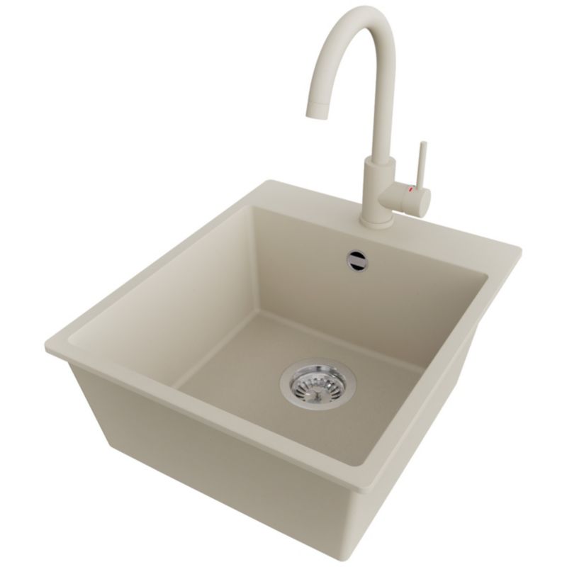 Zlewozmywak Granitowy Ryga PRIMAGRAN Nablatowy 43x50cm do szafki od 45cm, Beżowy + Bateria 32x20cm + Syfon, S141, 1 szt.