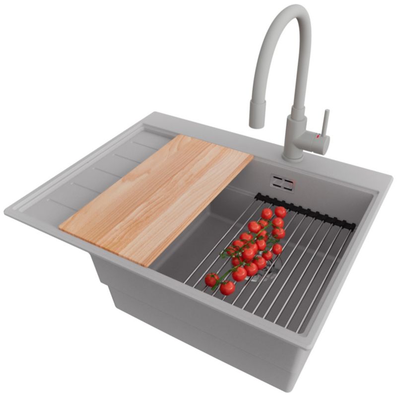 Zlewozmywak Granitowy Sydney PRIMAGRAN Nablatowy 62x50cm do szafki od 45cm, Szary + Bateria + Syfon + Akcesoria, S136, 1 szt.