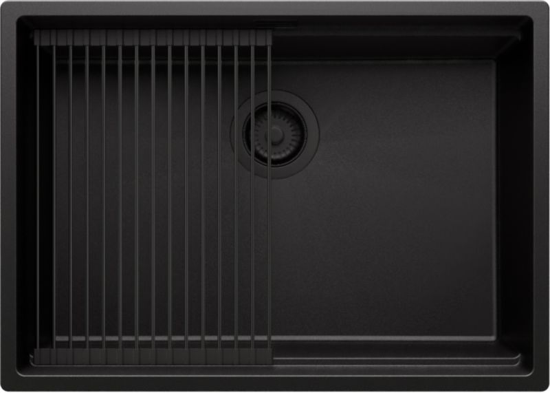 Zlewozmywak podblatowy Praga PRIMAGRAN 66x47cm do szafki od 70cm, Cały Czarny + Syfon + Zwijany ociekacz, S457, 1 szt.