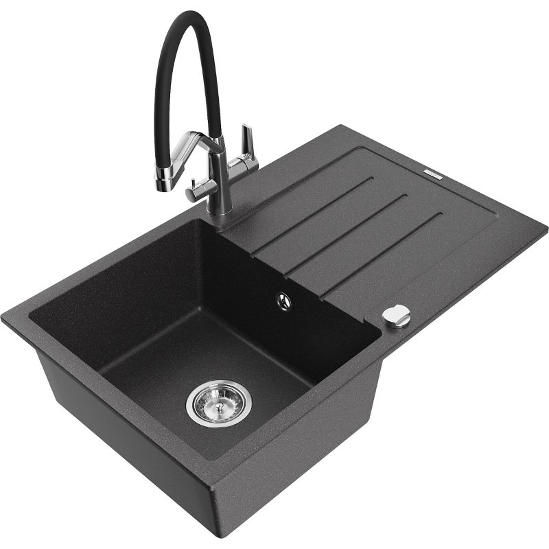 Zlewozmywak granitowy 1-komorowy Mexen Bruno z ociekaczem i baterią kuchenną Duo czarny nakrapiany 6513-76-671701-07
