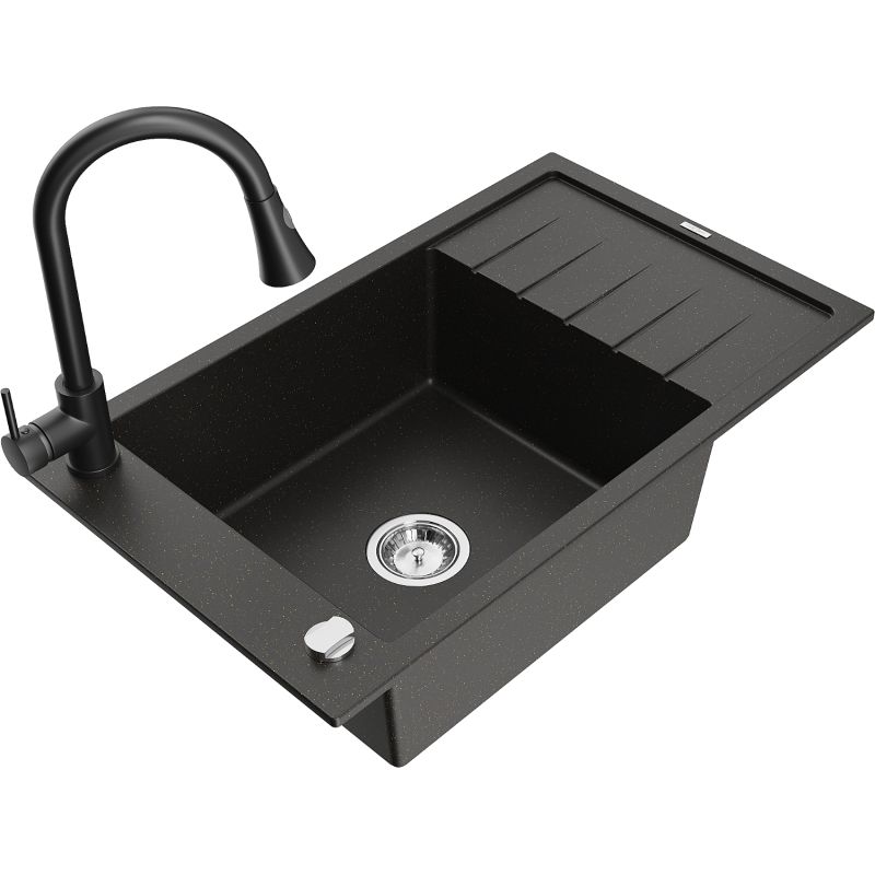 Zlewozmywak granitowy 1-komorowy Mexen Elias z ociekaczem i baterią kuchenną Elia szary - 6511-71-670101-71 1 szt.