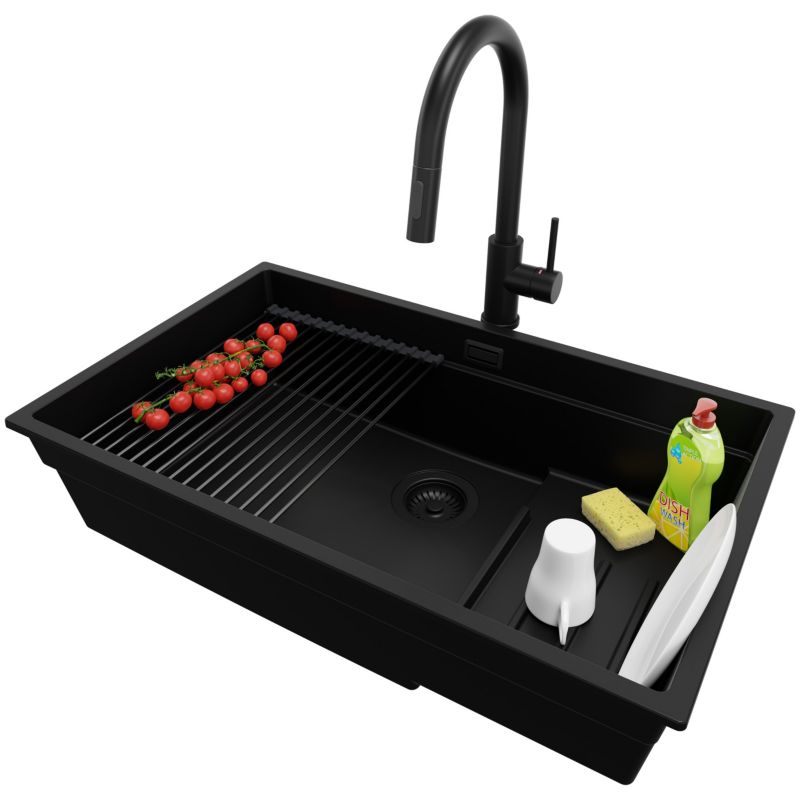 Zlewozmywak Granitowy Praga Slim PRIMAGRAN Nablatowy 76x47cm, Cały Czarny + Bateria + Syfon + Akcesorium, S619, 1 szt.