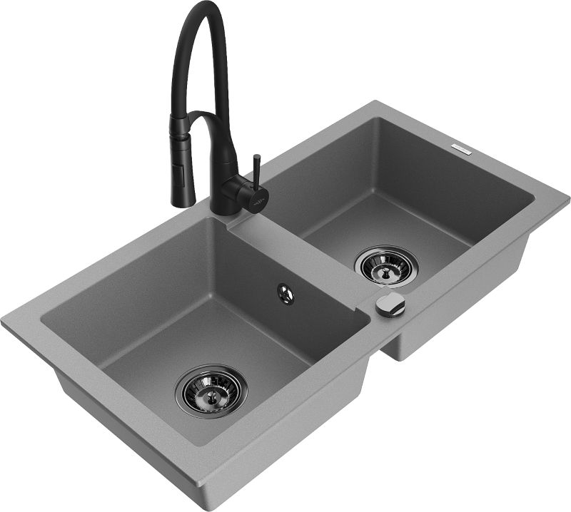 Zlewozmywak granitowy Mexen Mario 2-komorowy z baterią kuchenną Carla szary - 6504-71-670700-71 1 szt.