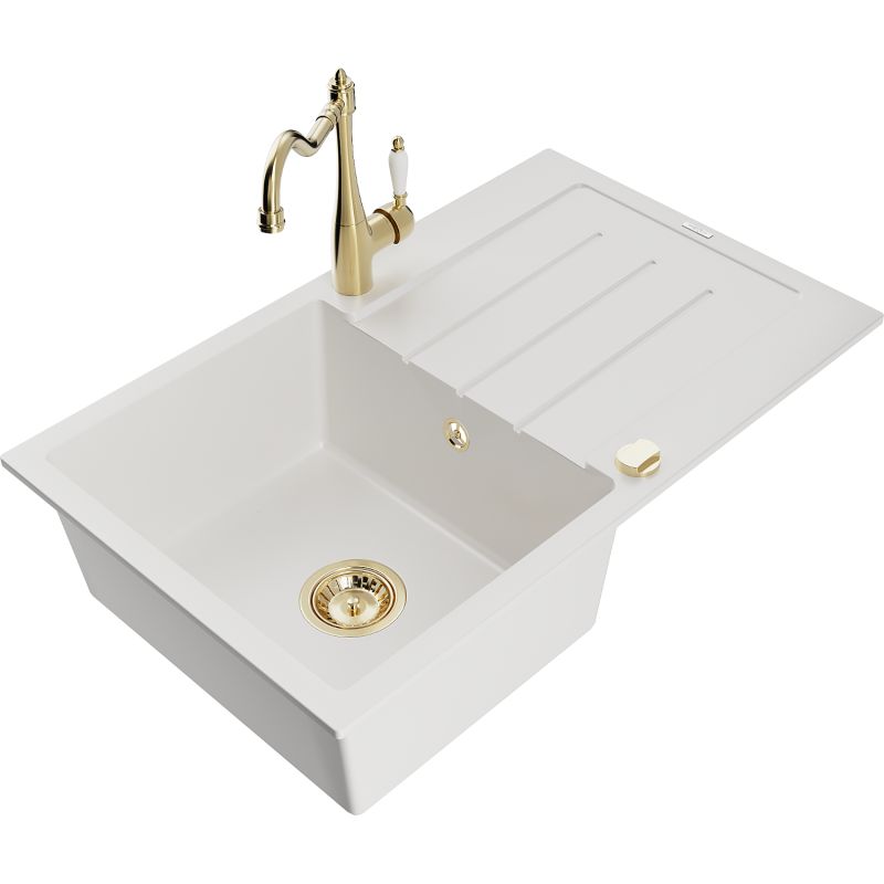 Zlewozmywak granitowy 1-komorowy Mexen Bruno z ociekaczem i baterią kuchenną Carla biały 6513-20-670700-50