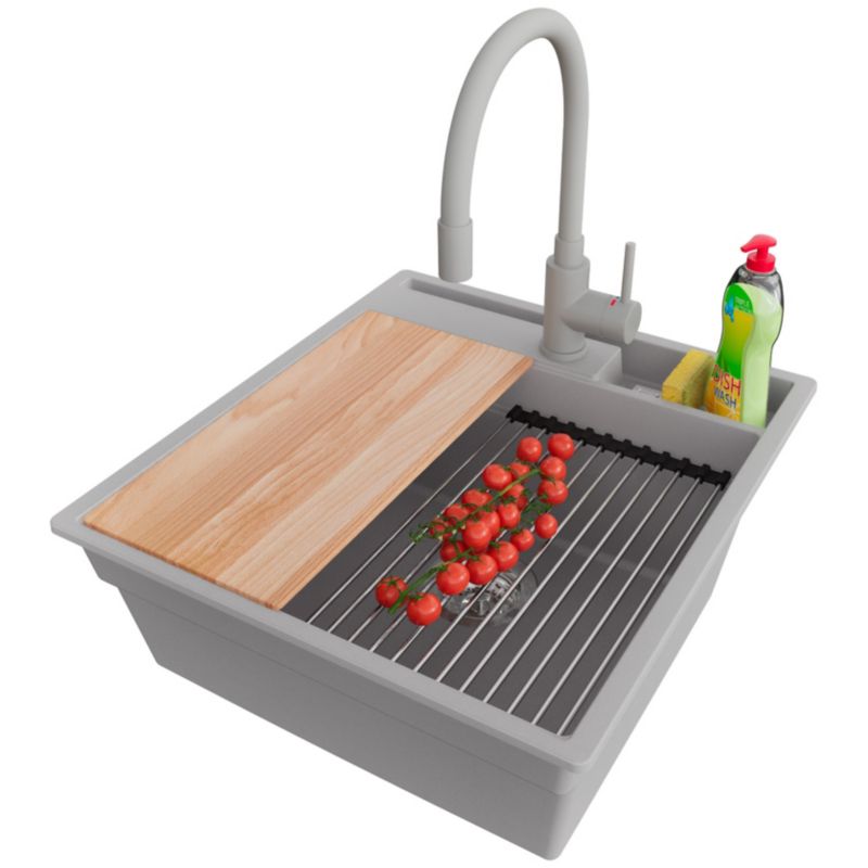 Zlewozmywak Granitowy Oslo Pocket PRIMAGRAN Nablatowy 48x53cm, Szary + Bateria + Syfon + Akcesorium, S171, 1 szt.