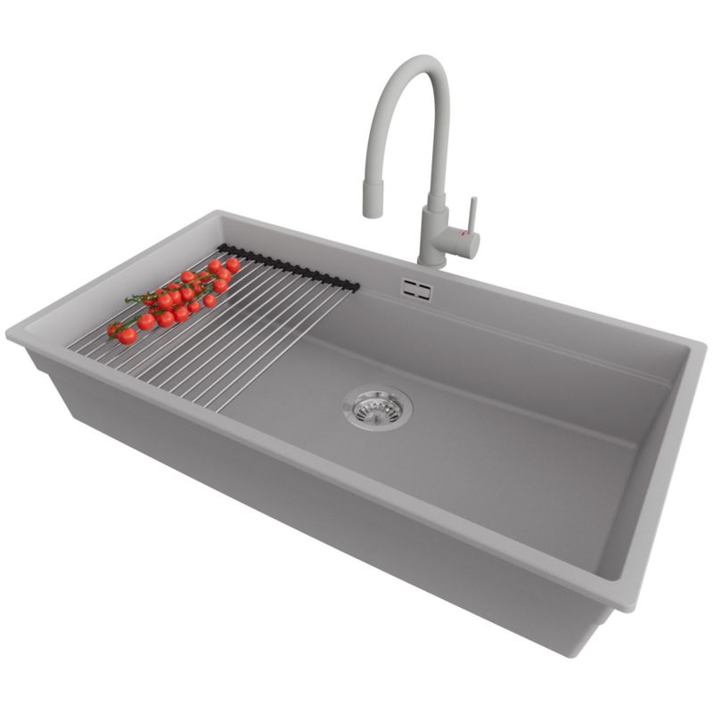 Zlewozmywak Granitowy Praga Slim PRIMAGRAN Nablatowy 86x47cm, Szary + Bateria + Syfon + Akcesorium, S686, 1 szt.