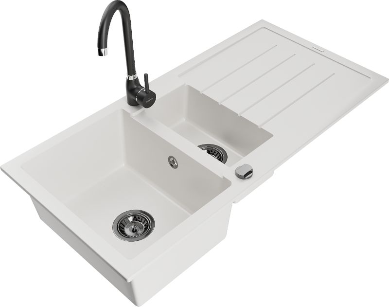 Zlewozmywak granitowy Mexen Andres 1,5-komorowy z ociekaczem i baterią kuchenną Telma biały 6515-20-670200-70