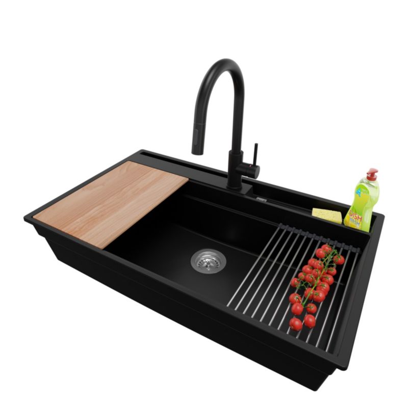 Zlewozmywak Granitowy Oslo Pocket PRIMAGRAN Nablatowy 88x53cm, Czarny + Bateria + Syfon + Akcesorium, S465, 1 szt.