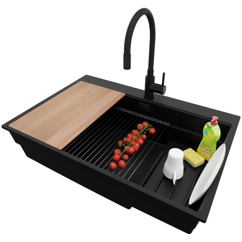 Zlewozmywak Granitowy Oslo Max PRIMAGRAN Nablatowy 78x53cm, Cały Czarny + Bateria + Syfon + Akcesorium, S116, 1 szt.