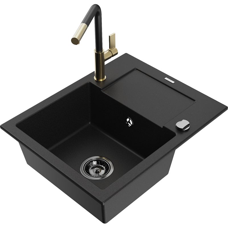 Zlewozmywak granitowy 1-komorowy Mexen Enzo z ociekaczem i baterią kuchenną Flora czarny nakrapiany - 6506-76-670401-75-B 1 szt.