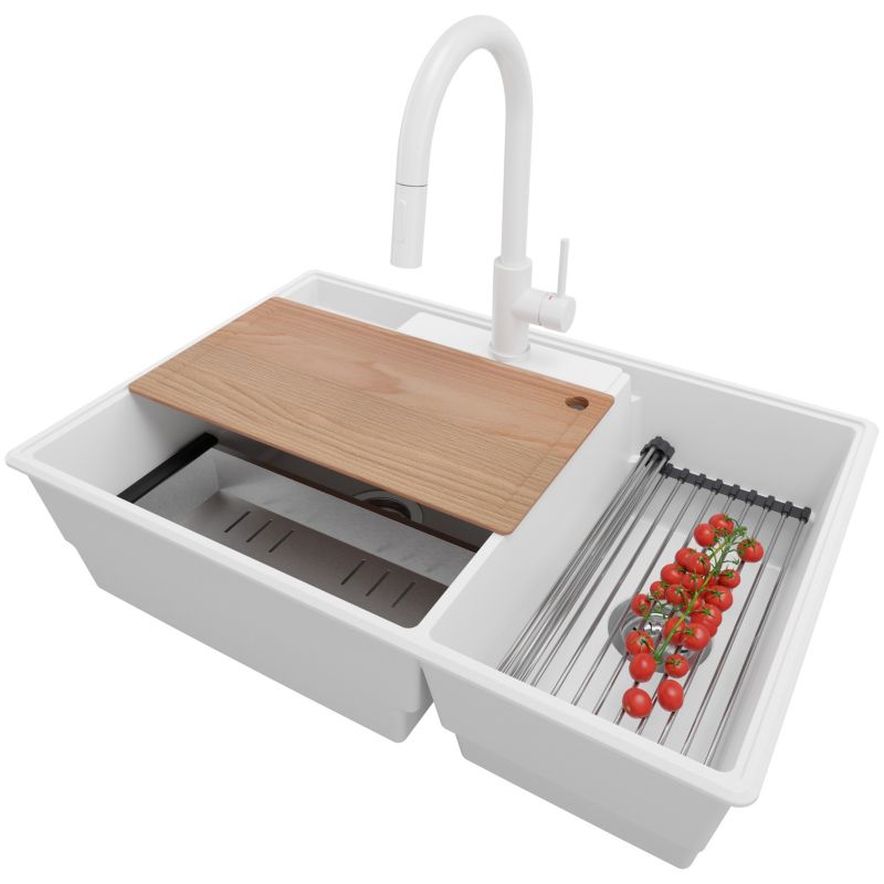 Zlewozmywak Granitowy Paryż PRIMAGRAN Nablatowy 78x53cm do szafki od 80cm, Biały + Bateria + Syfon + Akcesoria, S046, 1 szt.