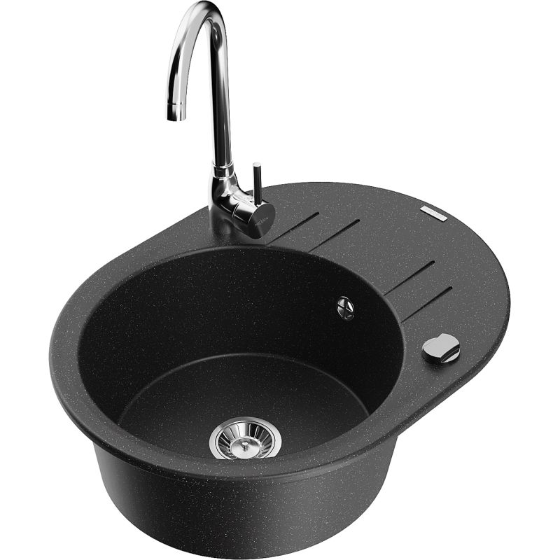 Zlewozmywak granitowy 1-komorowy Mexen Kevin z ociekaczem i baterią Telma czarny/srebrny metalik - 6517-73-670200-70 1 szt.