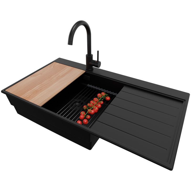 Zlewozmywak Granitowy Sydney PRIMAGRAN Nablatowy 90x50cm, Cały Czarny + Bateria + Syfon + Akcesorium, S474, 1 szt.