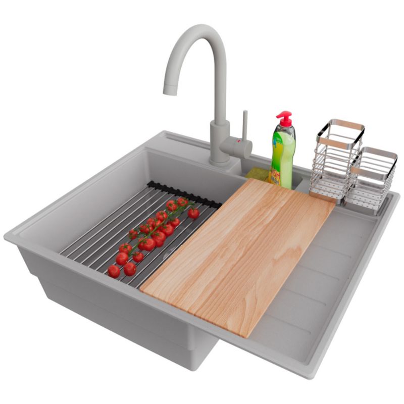 Zlewozmywak Granitowy Sydney Pocket PRIMAGRAN Nablatowy 62x53cm, Szary + Bateria + Syfon + Akcesorium, S082, 1 szt.