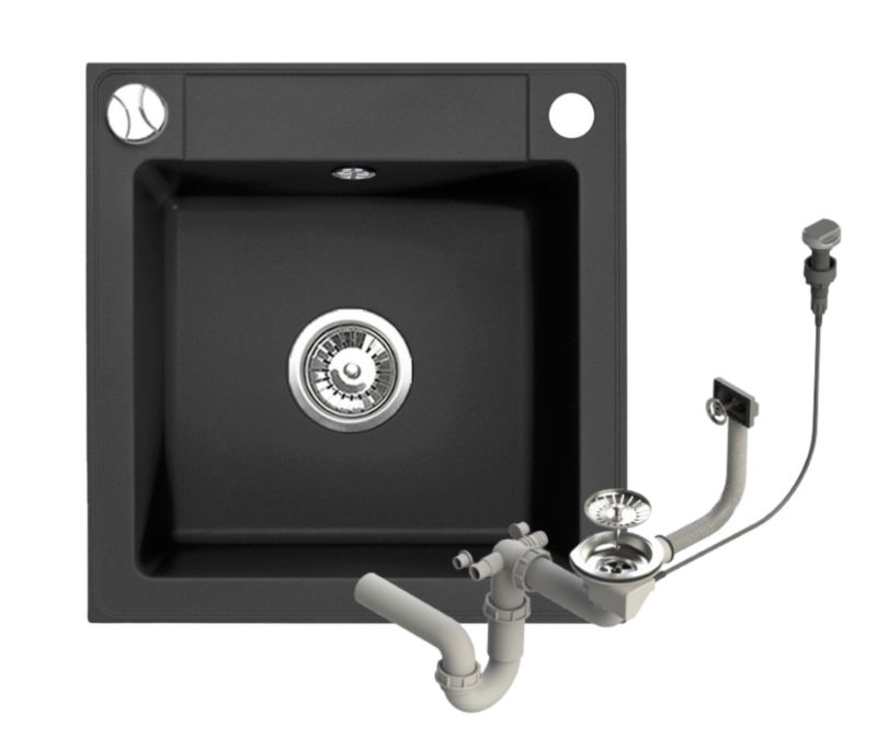 Zlewozmywak granitowy Brenor Belmondo czarny metalik 46x44cm jednokomorowy z syfonem automatycznym 1 szt