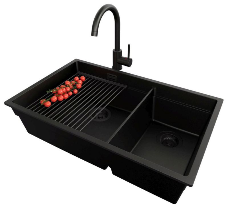 Zlewozmywak Granitowy Praga Slim Duo PRIMAGRAN Nablatowy 76x47cm, Cały Czarny + Bateria + Syfon + Akcesorium, , 1 szt.