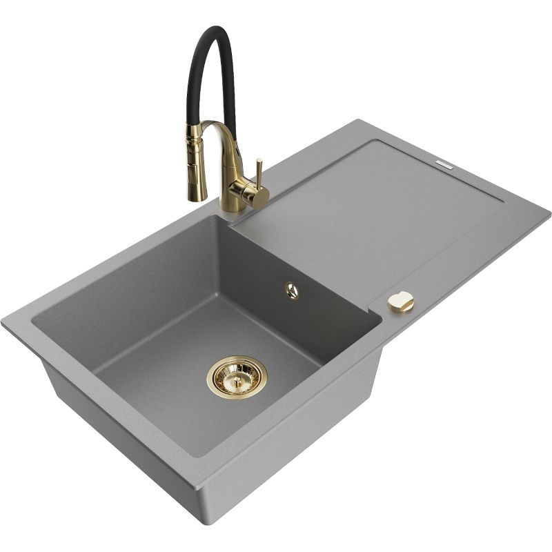 Zlewozmywak granitowy 1-komorowy Mexen Leo z ociekaczem i baterią kuchenną Aster szary 6501-71-73450-57-G