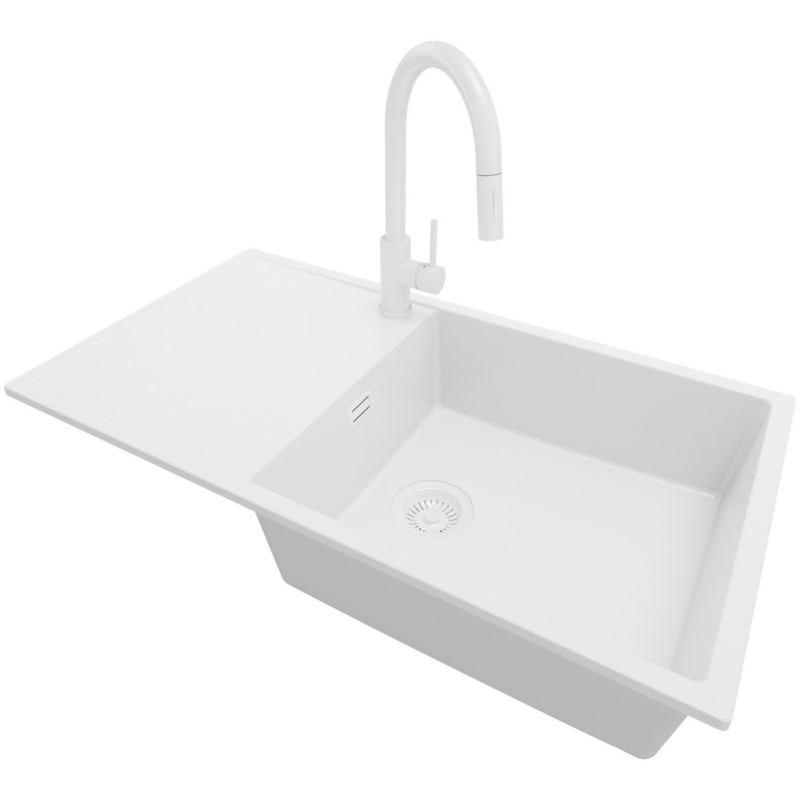 Zlewozmywak Granitowy Ibiza PRIMAGRAN Nablatowy 90x50cm do szafki od 60cm, Cały Biały + Bateria 40x20cm + Syfon, S062, 1 szt.