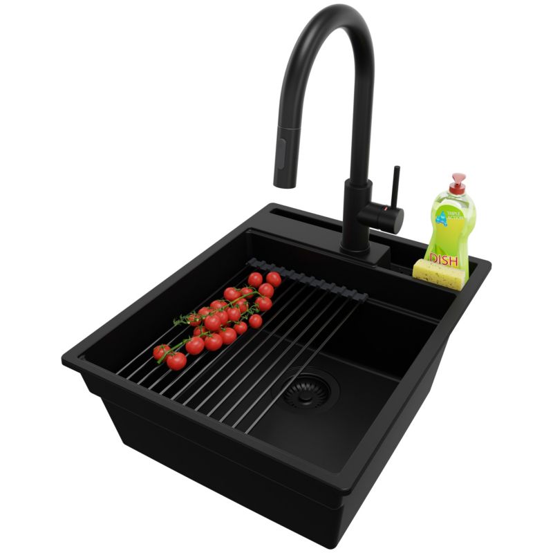 Zlewozmywak Granitowy Oslo Pocket PRIMAGRAN Nablatowy 43x53cm do szafki od 45cm z Syfonem i Baterią i Dodatkiem Cały Czarny 1 szt.