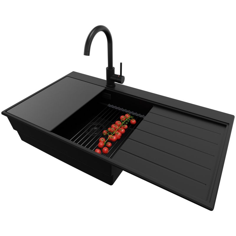 Zlewozmywak Granitowy Sydney PRIMAGRAN Nablatowy 90x50cm, Cały Czarny + Bateria + Syfon + Akcesorium, S478, 1 szt.