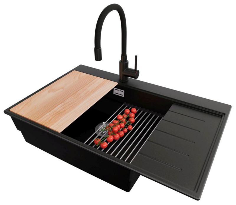 Zlewozmywak Granitowy Sydney PRIMAGRAN Nablatowy 78x50cm do szafki od 60cm, Czarny + Bateria + Syfon + Akcesoria, , 1 szt.