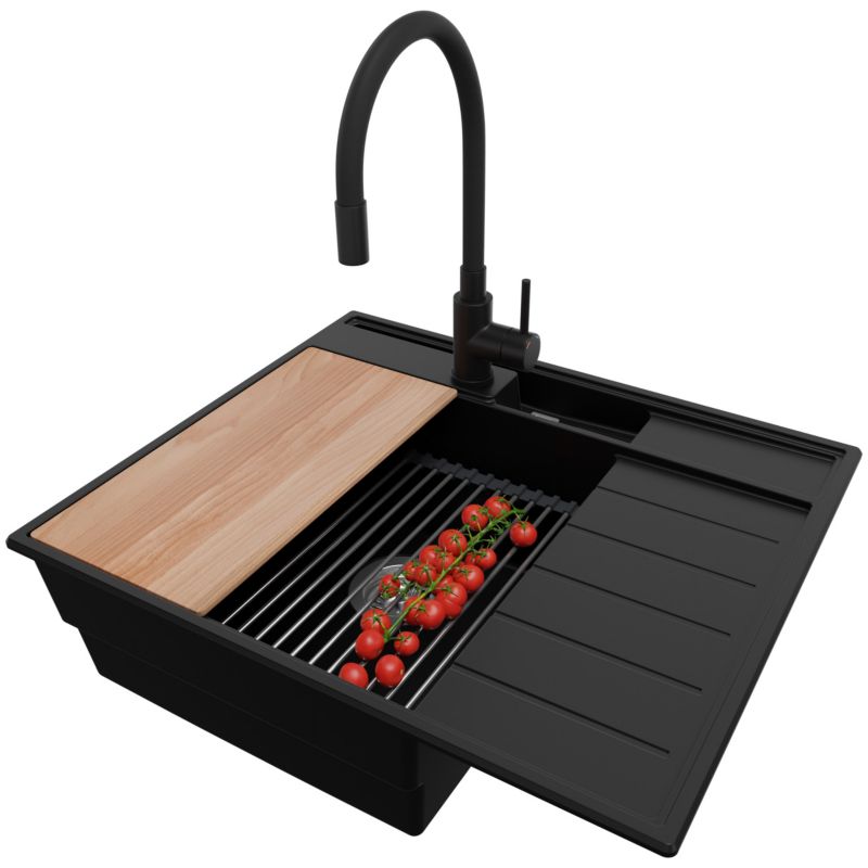 Zlewozmywak Granitowy Sydney Pocket PRIMAGRAN Nablatowy 62x53cm, Czarny + Bateria + Syfon + Akcesorium, S086, 1 szt.