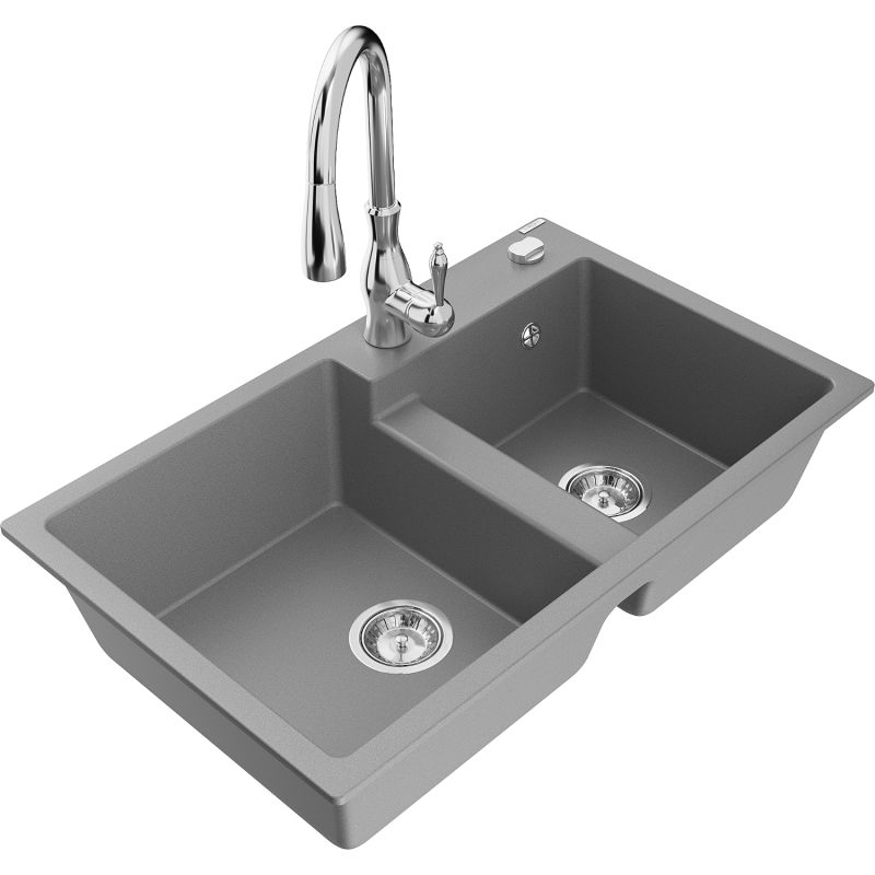 Zlewozmywak granitowy 2-komorowy Mexen Tomas z baterią kuchenną Savita szary - 6516-71-672601-70-B 1 szt.