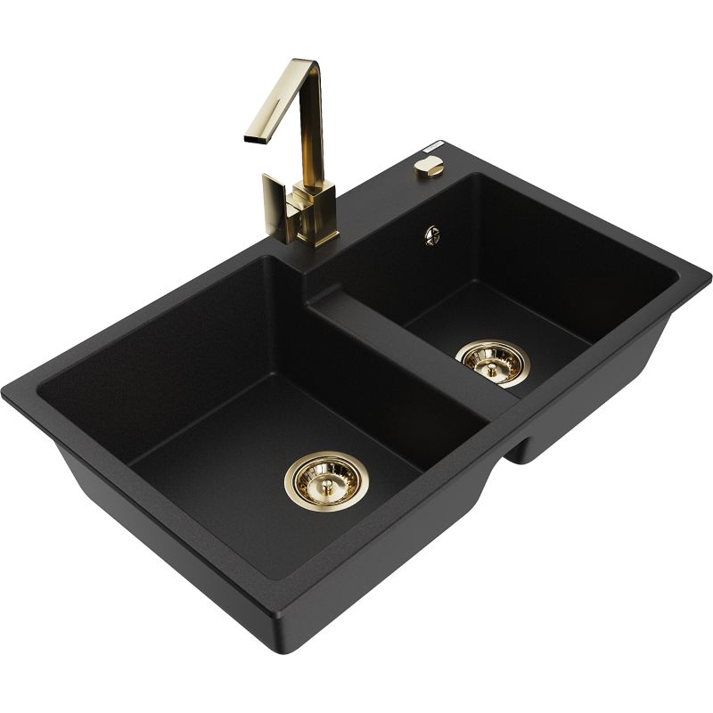 Zlewozmywak granitowy 2-komorowy Mexen Tomas z baterią kuchenną Rita czarny 6516-77-670300-50