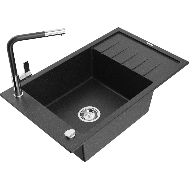 Zlewozmywak granitowy 1-komorowy Mexen Elias z ociekaczem i baterią kuchenną Flora czarny/srebrny metalik 6511-73-670401-07
