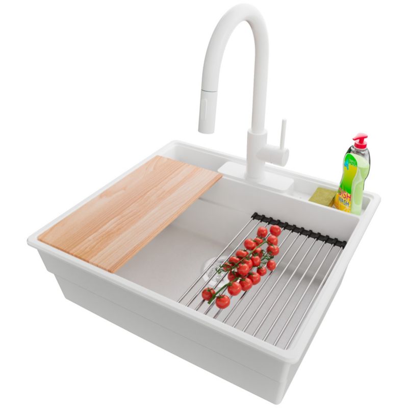 Zlewozmywak Granitowy Nowy Jork PRIMAGRAN Nablatowy 58x53cm do szafki od 60cm, Biały + Bateria + Syfon + Akcesoria, S046, 1 szt.