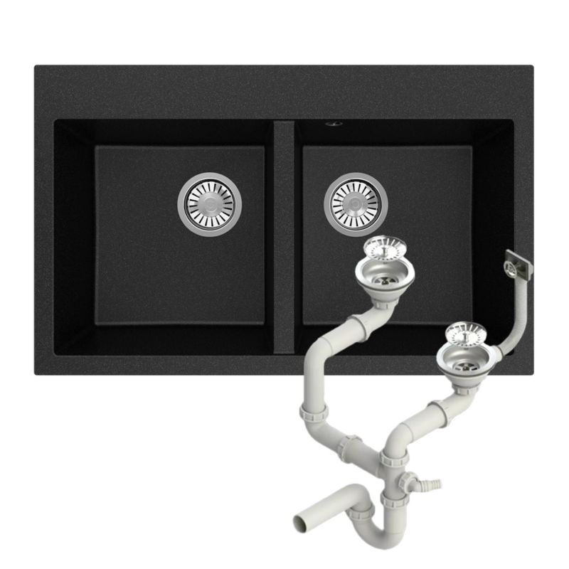 Zlewozmywak granitowy Brenor Martel 2K czarny 85 x 50 cm dwukomorowy z syfonem manualnym 1 szt