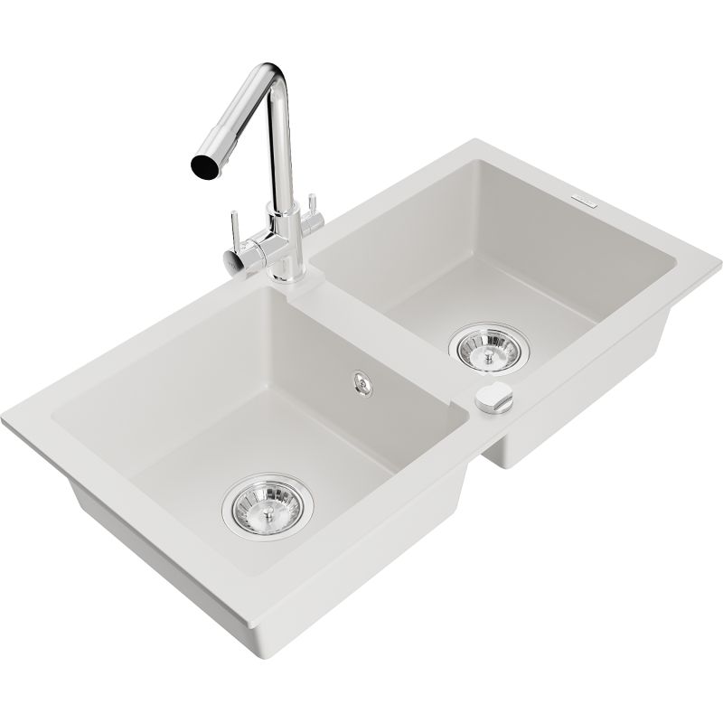 Zlewozmywak granitowy 2-komorowy Mexen Mario z baterią kuchenną Duero biały 6504-20-671600-00