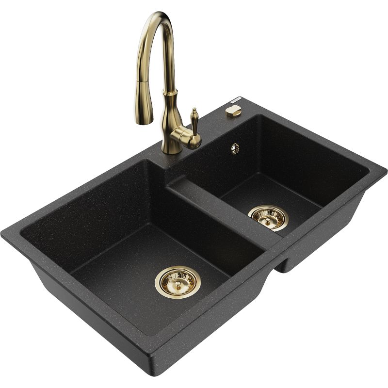 Zlewozmywak granitowy 2-komorowy Mexen Tomas z baterią kuchenną Savita czarny/srebrny metalik 6516-73-672601-50