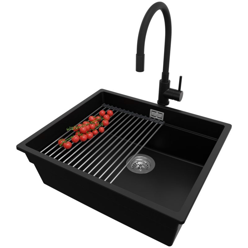 Zlewozmywak Granitowy Praga Slim PRIMAGRAN Nablatowy 56x47cm, Czarny + Bateria + Syfon + Akcesorium, S293, 1 szt.