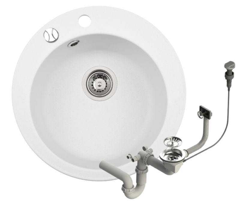 Zlewozmywak granitowy Brenor Rado biały fi 49cm jednokomorowy okrągły z syfonem automatycznym 1szt.