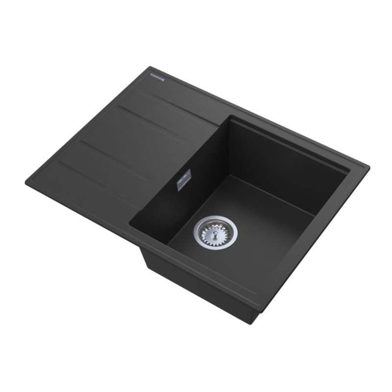 Zlewozmywak Granitowy Jednokomorowy z ociekaczem Granitan Lugo Czarny Zestaw Zlew Syfon Chrom 1 kpl.