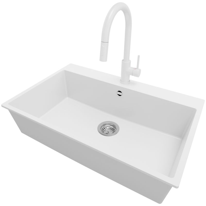 Zlewozmywak Granitowy Ryga PRIMAGRAN Nablatowy 78x50cm do szafki od 80cm, Biały + Bateria 40x20cm + Syfon, S415, 1 szt.