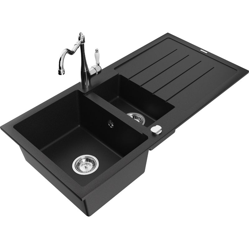 Zlewozmywak granitowy 1.5-komorowy Mexen Andres z ociekaczem i baterią kuchenną Carla czarny - 6515-77-670700-70 1 szt.