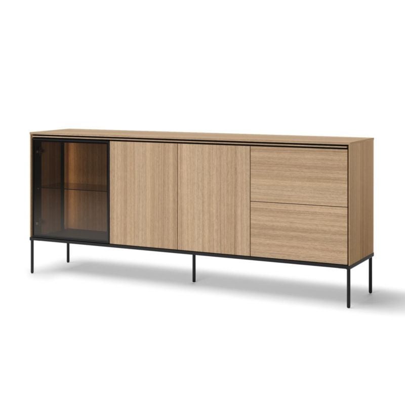 Komoda trzydrzwiowa z szufladami Bettso Lissa przeszklona z oświetleniem LED nogach dąb linearny czarny 1szt.