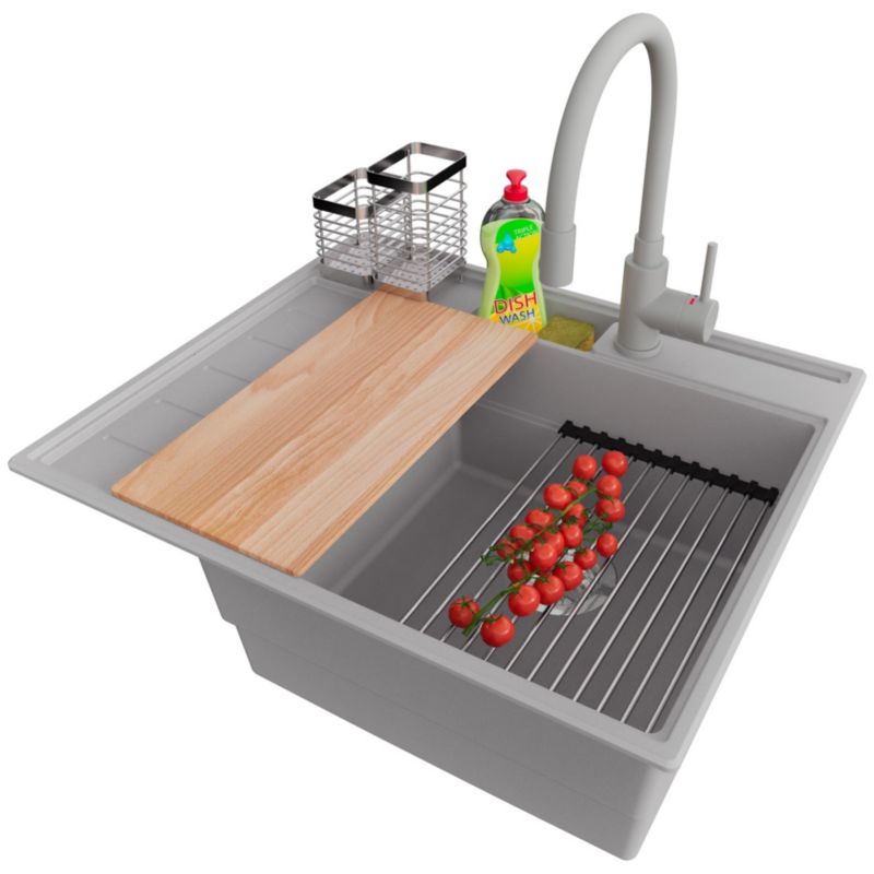 Zlewozmywak Granitowy Sydney Pocket PRIMAGRAN Nablatowy 62x53cm, Szary + Bateria + Syfon + Akcesorium, S040, 1 szt.