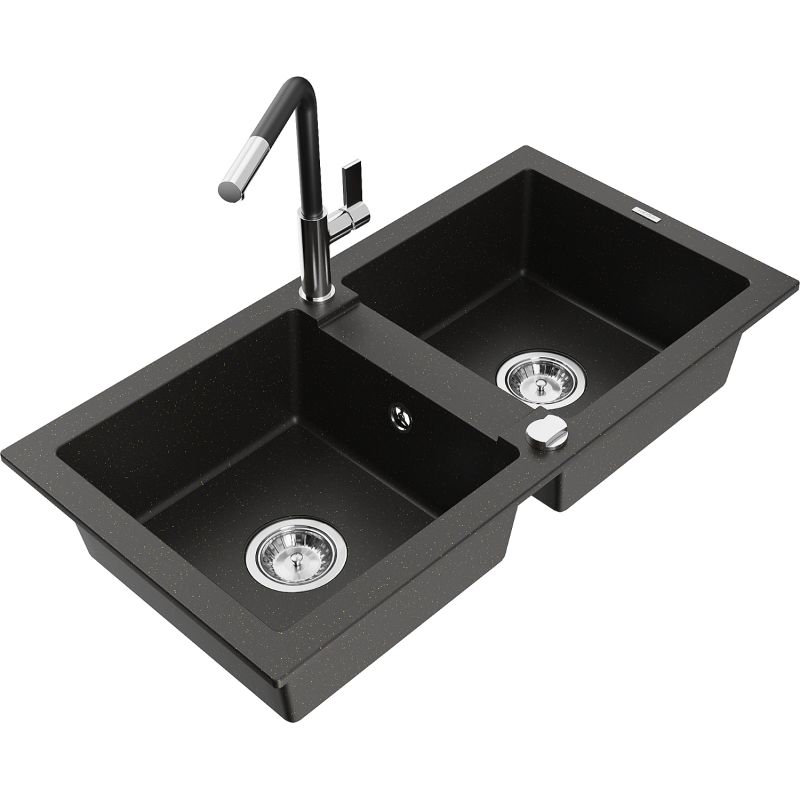 Zlewozmywak granitowy 2-komorowy Mexen Mario z baterią kuchenną Flora czarny/złoty metalik 6504-75-670401-07